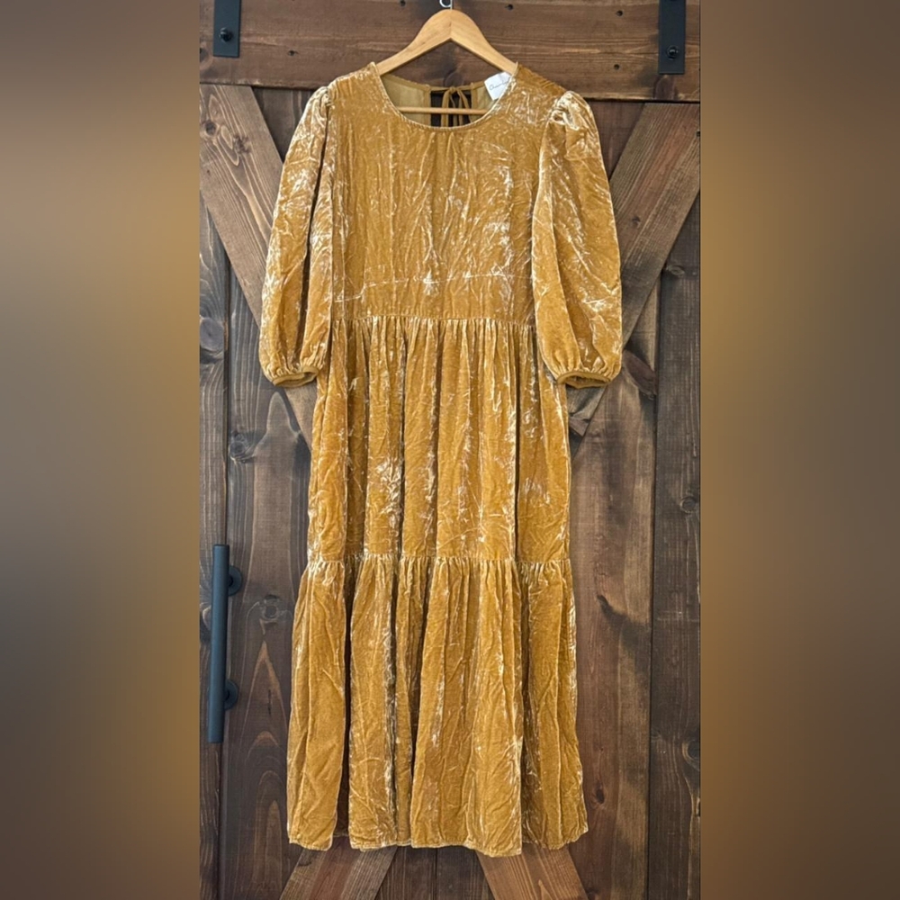 Charles Henry Luxurious Gold Velvet Tiered Midi Dress with Back Ties